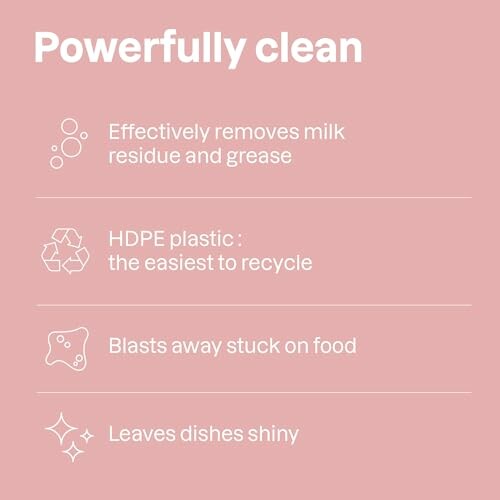 Infographic highlighting cleaning benefits: removes milk residue, recycles HDPE plastic, removes stuck food, leaves dishes shiny.