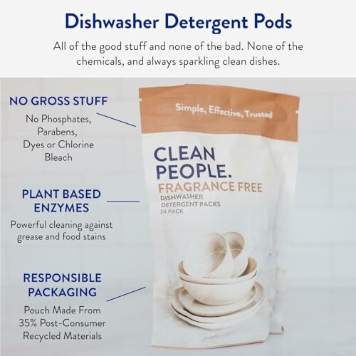 Instructions for using dishwasher pods with three steps.