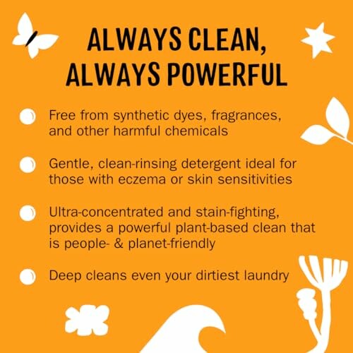 Eco-friendly laundry detergent benefits list on orange background with nature icons.