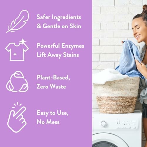 Woman holding laundry near washing machine, promoting eco-friendly detergent benefits.