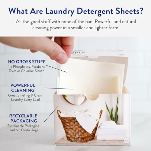 Advertisement for laundry detergent sheets highlighting benefits such as no harmful chemicals, powerful cleaning, and recyclable packaging.