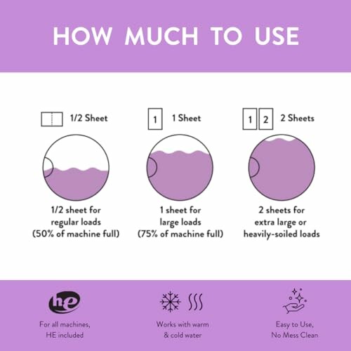 Laundry detergent usage guide showing 1/2 sheet for regular loads, 1 sheet for large loads, and 2 sheets for extra large or heavily-soiled loads.