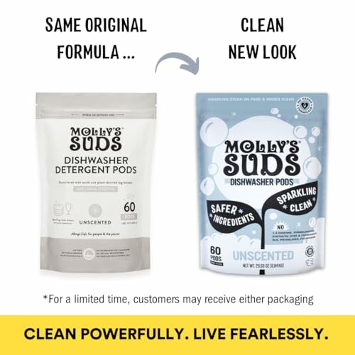 Comparison of Molly's Suds dishwasher detergent packaging: original and new look.