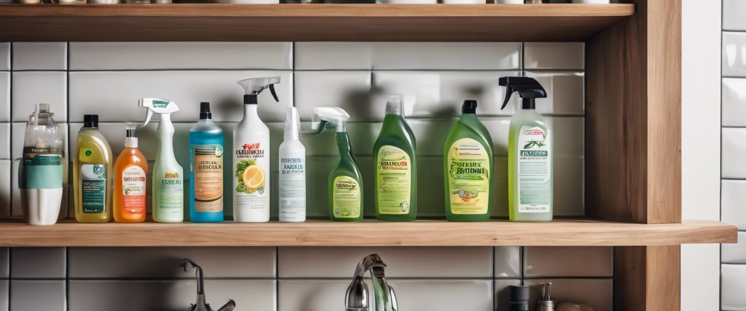 Non-toxic cleaning products set up on a kitchen shelf