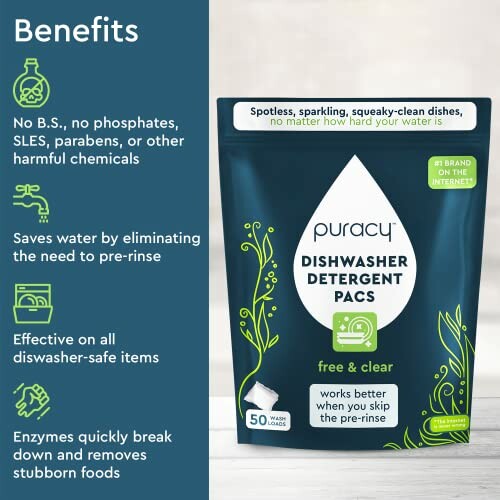 Puracy dishwasher detergent pacs package with benefits description.